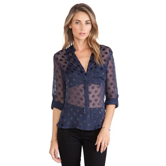 Diane von Furstenberg Lorelei Blue Star Print Sheer Chiffon Blouse Women's Sz 2 - Picture 1 of 14